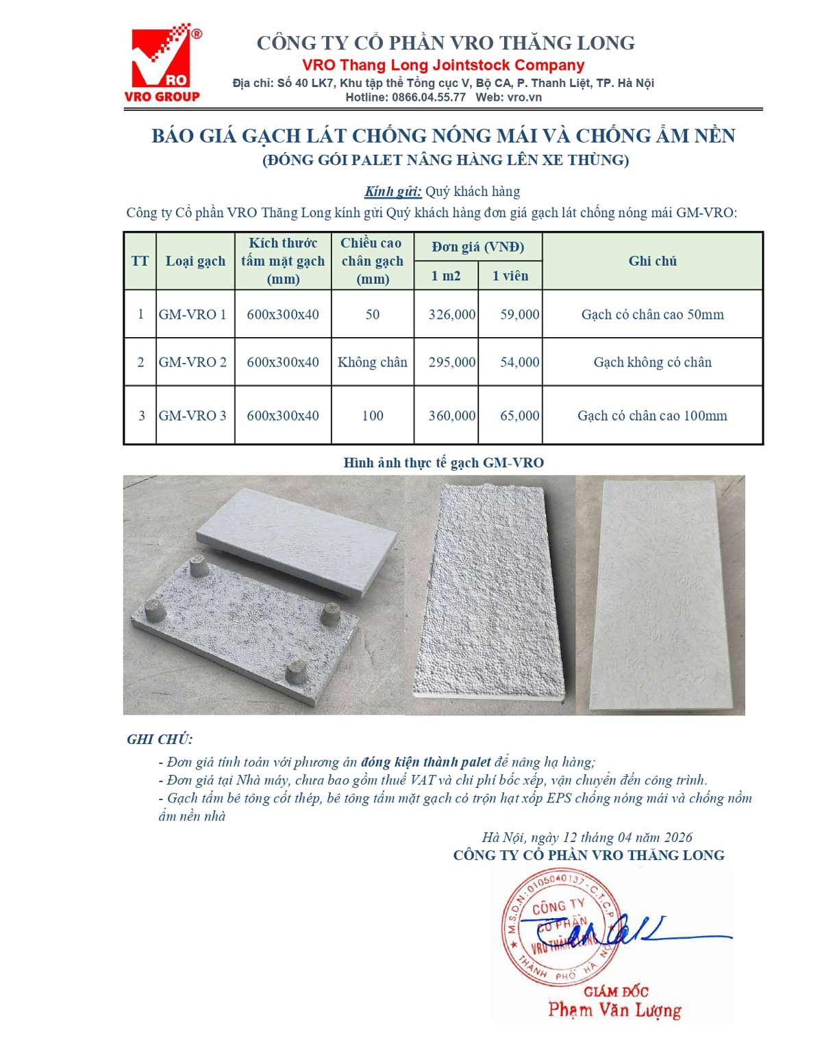 Bảng giá gạch chống nóng mái GM-VRO Upt