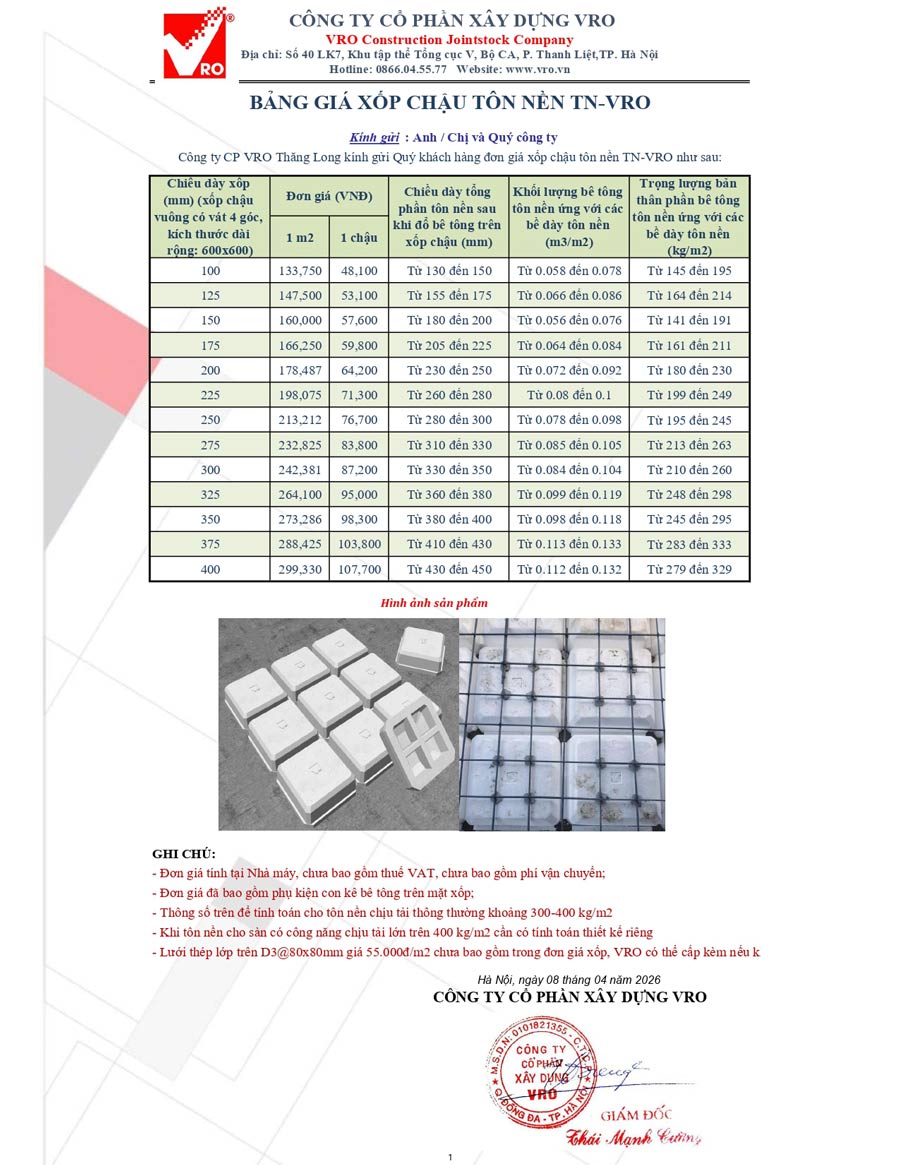 Bảng giá xốp tôn nền TN-VRO