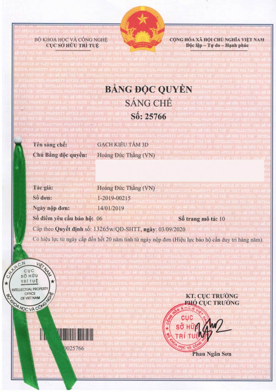 Bằng độc quyền gạch bê tông nhẹ VRO