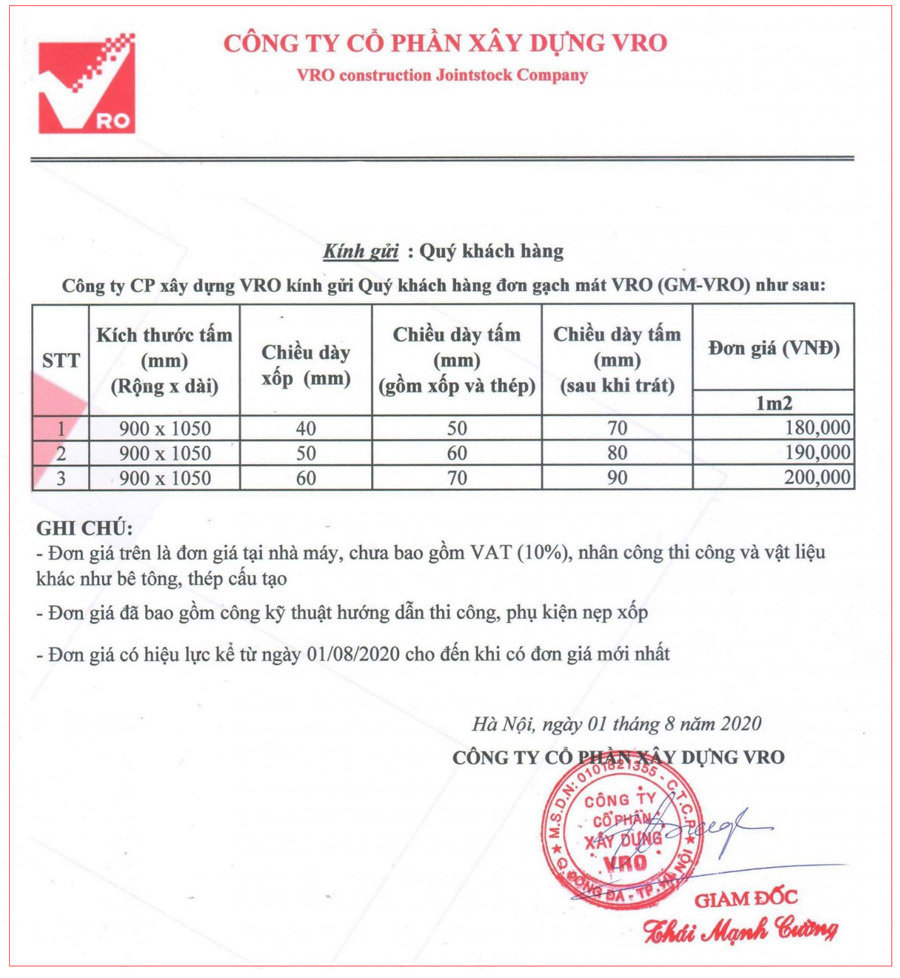 Báo giá tấm cách nhiệt tường nhà VRO