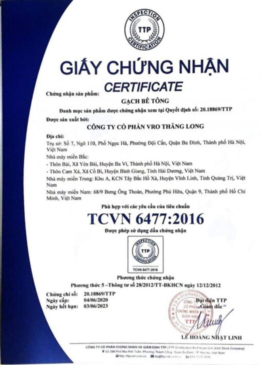 Giấy chứng nhận gạch bê tông nhẹ G-VRO