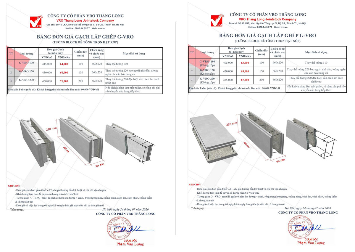 Đơn giá gạch bê tông nhẹ lắp ghép G-VRO