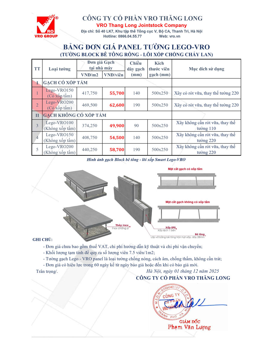 Bảng báo giá gạch Lego VRO