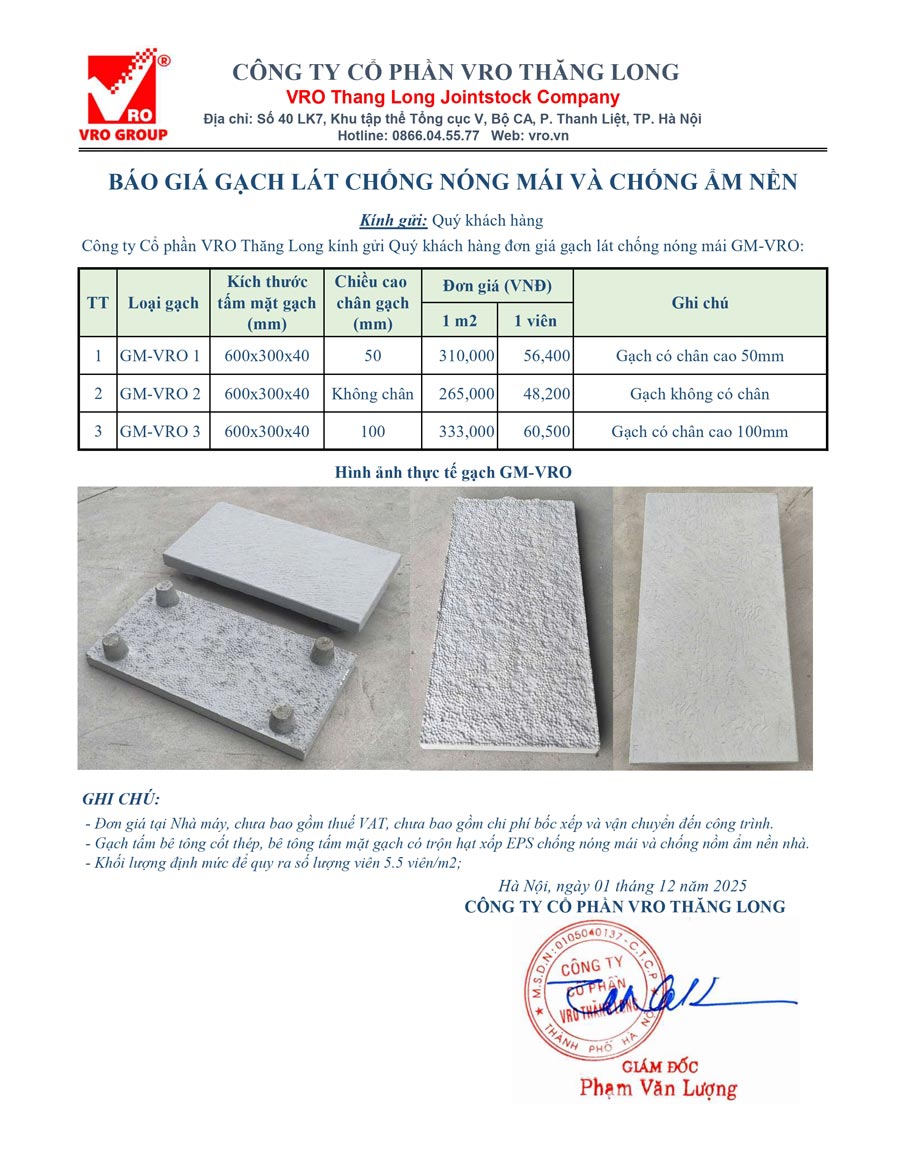 Bảng giá gạch lát chống nóng mái GM-VRO