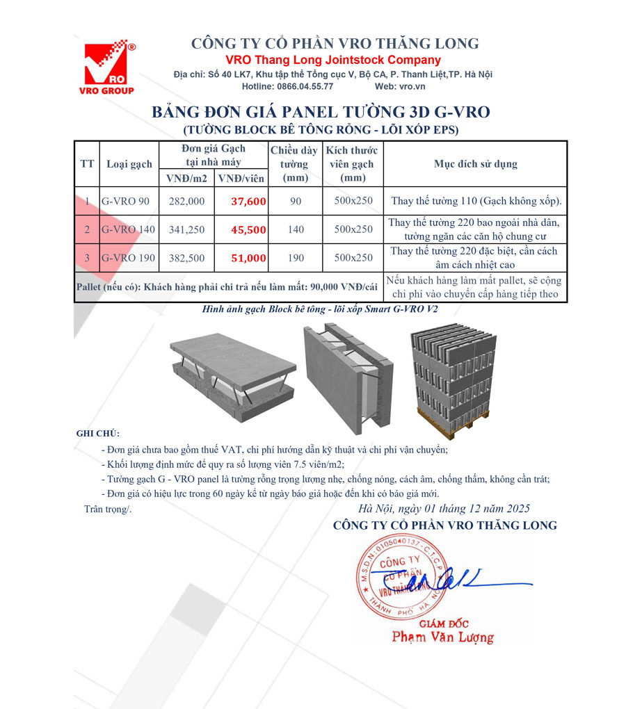 Đơn giá gạch bê tông nhẹ G-VRO