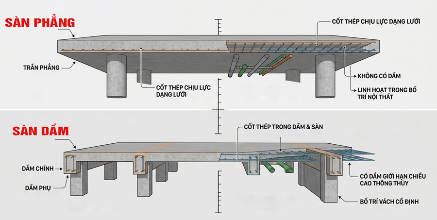 Sàn phẳng và Sàn dầm