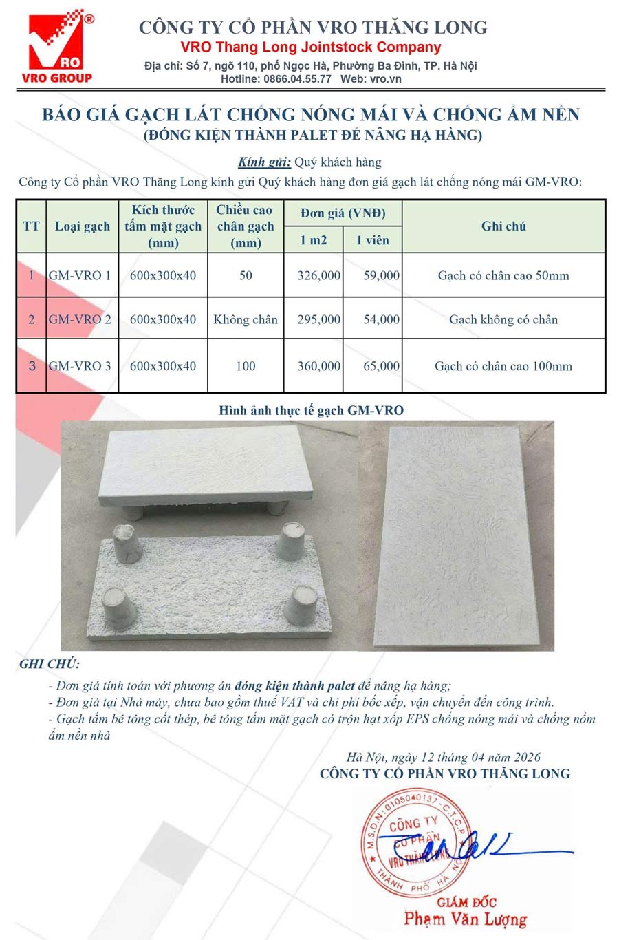 Bảng giá gạch chống nóng mái GM-VRO mới